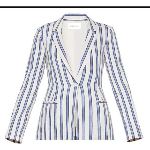 BCBGENERATION Cotton Blend White/Blue Striped 1-Button Blazer M - Picture 2 of 8